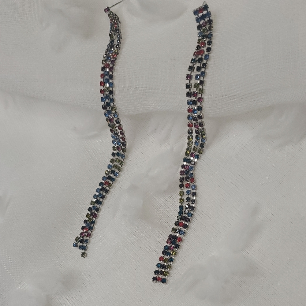 Multicolored Rhinestone Dangle Earrings - Picture 2 of 6